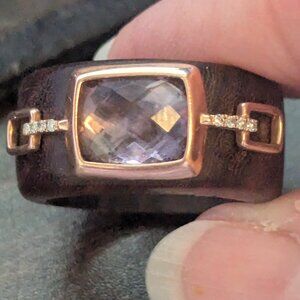 Vintage CID 10KT Gold Amethyst Diamond Wooden Ring Size 9.5